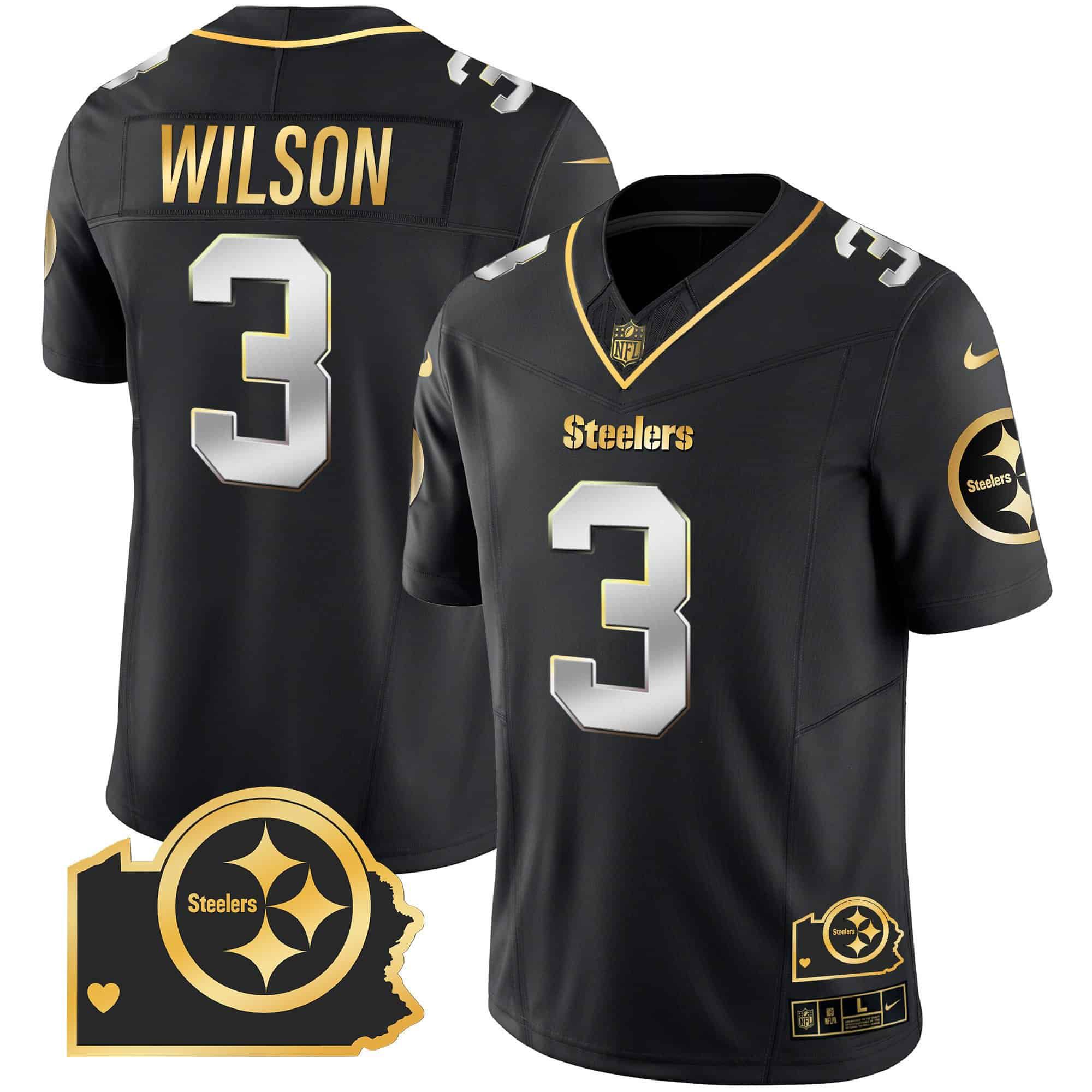 Men Pittsburgh Steelers #3 Wilson Black Gold 2024 Nike Home Patch Vapor Limited NFL Jersey style 1
